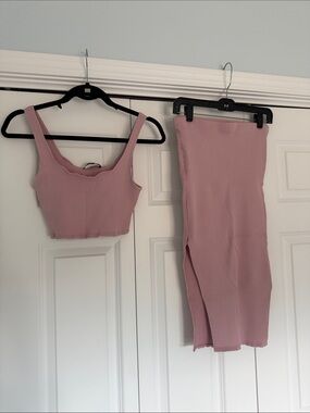 Lulu's Dusty Rose Ribbed Midi Skirt with Side Slit